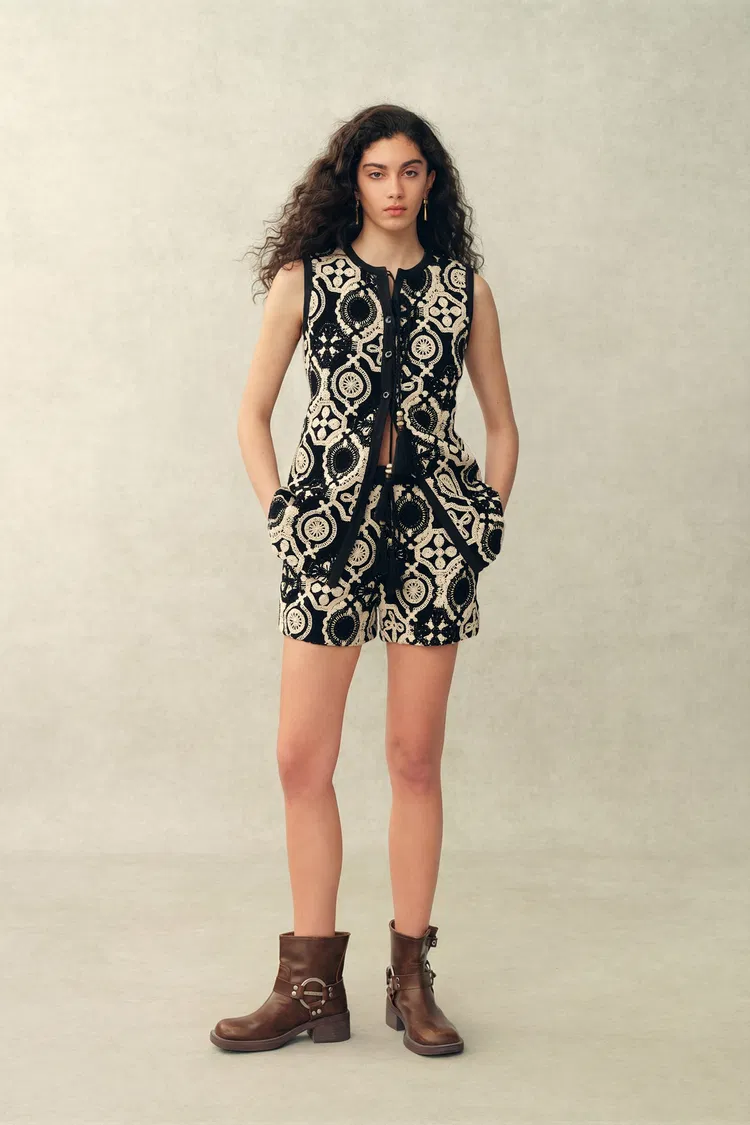 Juliet Crochet Longline Fitted Vest and Shorts Set in Cotton Yarn Blend