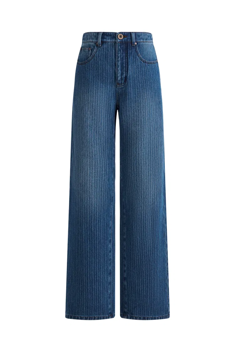 Liora Vertical Striped Straight Leg Jeans in Herringbone Denim
