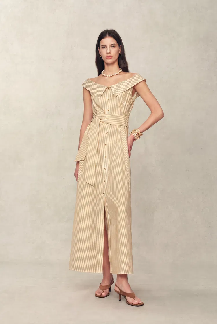 Claudia Striped Off Shoulder Collared Belted Sleeveless Shirt Dress in Cotton