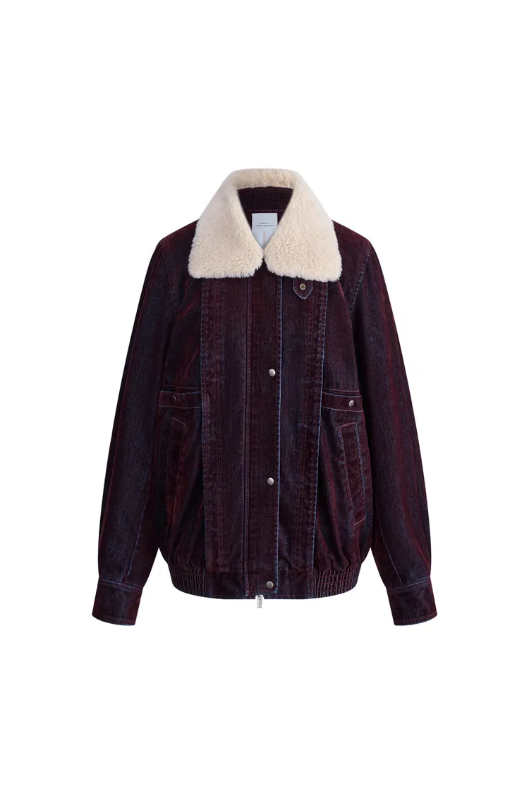 Veronica  Faux Fur Collar Quilted Jacket in Flocked Denim