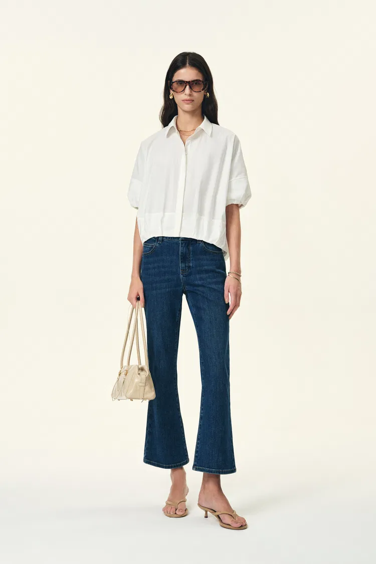 Claire Drop Shoulder High Low Puff Sleeve Shirt in Bubble Cotton