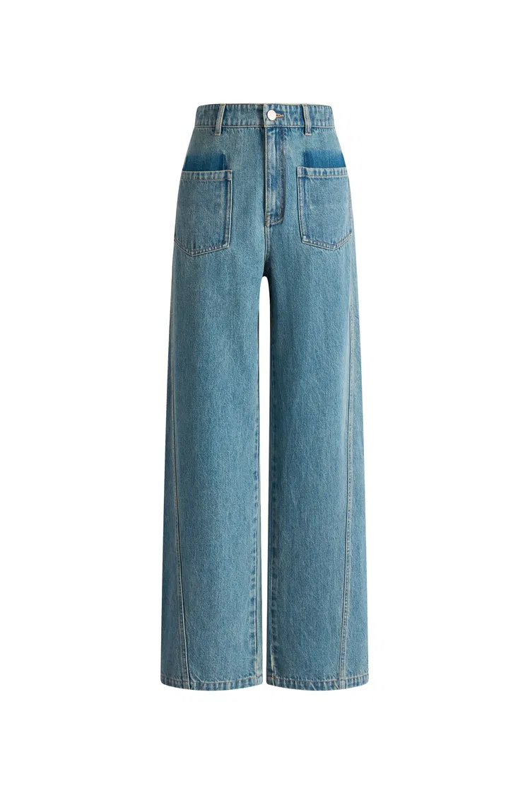 Lia Two Tone Washed Patch Pocket Jeans in Cotton Denim