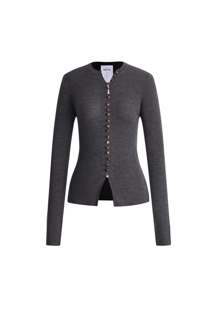 Kaia Hand Sewn Buttons Fitted Grey Cardigan in Merino Wool Knit