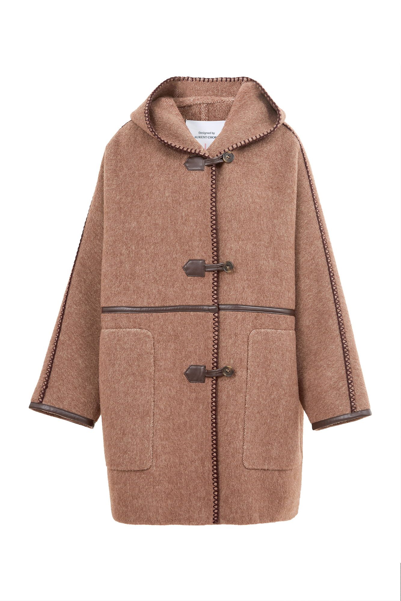 Paletot Inspired Overlock Stitch Hooded Coat in Merino Wool-Camel