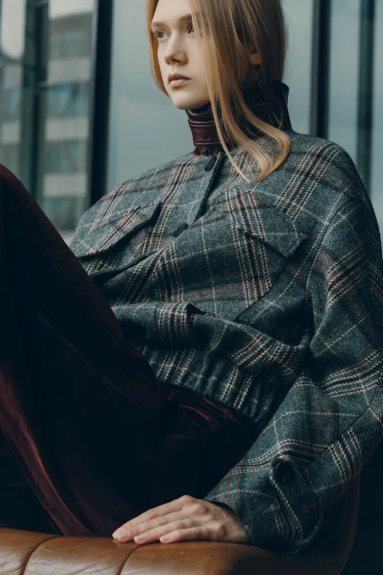 Montnkar Plaid Leather Panel Bomber Jacket in Wool