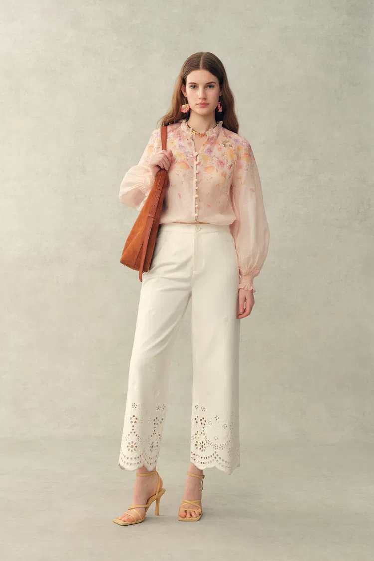 Lillian Handpainted Floral Embroidery Sheer Ombré Print Blouse in Silk Linen Organza