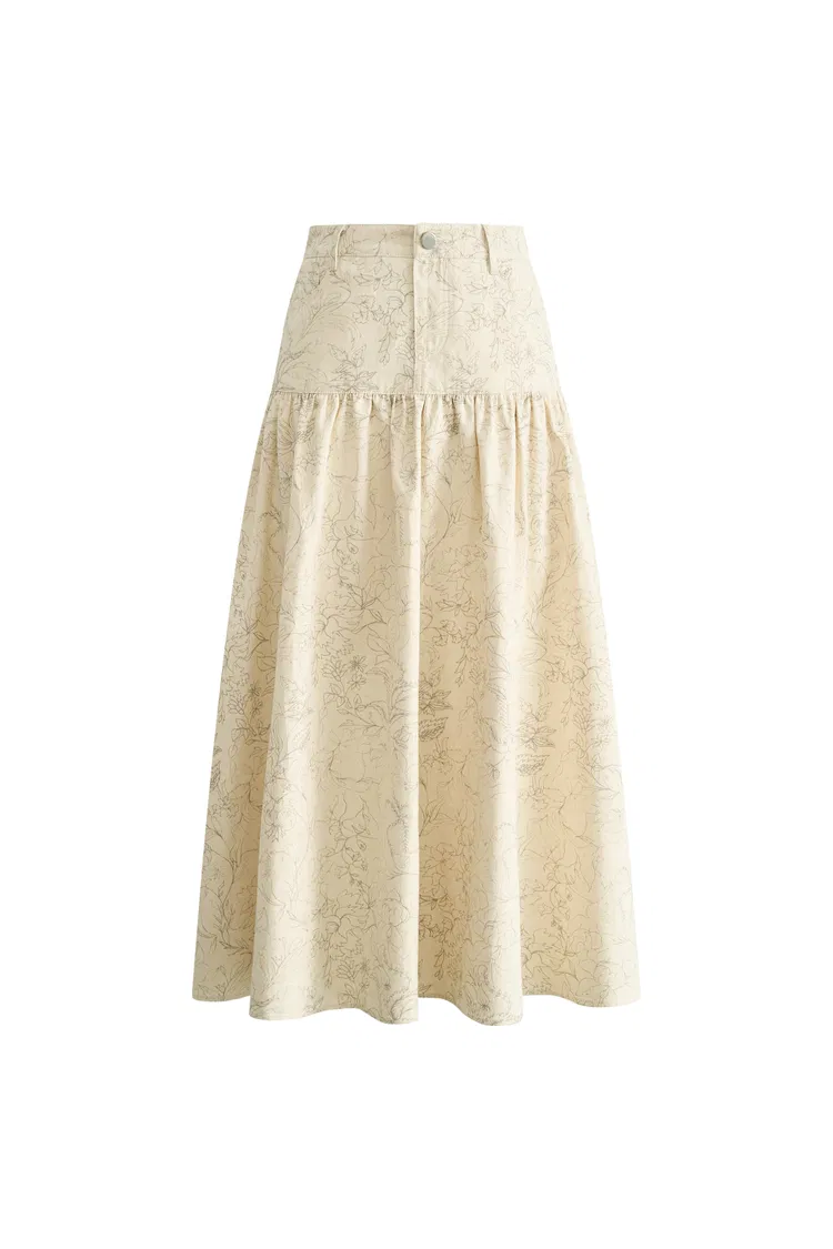 Rose Pleated Denim Skirt in Cottonseed Hull Denim