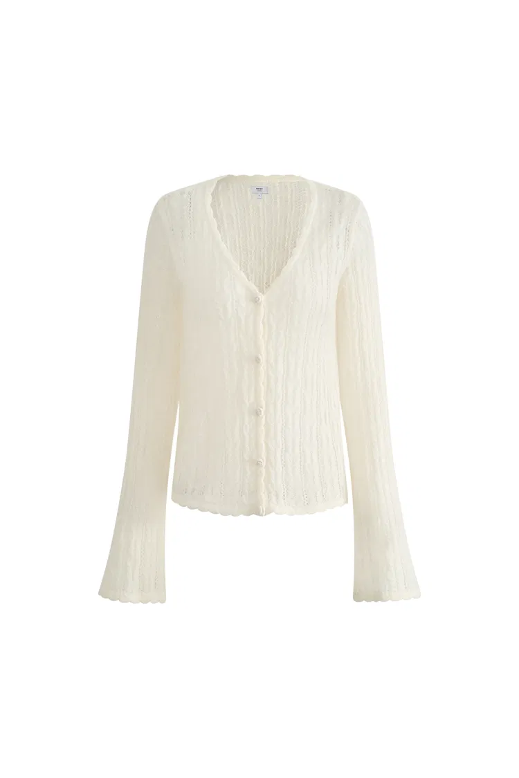Serenity V Neck Sheer Cardigan in Lightweight Cable Knit