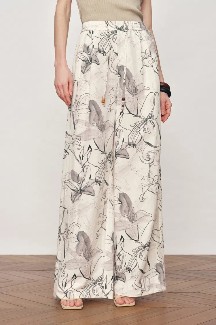 Emma Handpainted Floral Elastic Waist Wide Leg Pants in Linen Blend