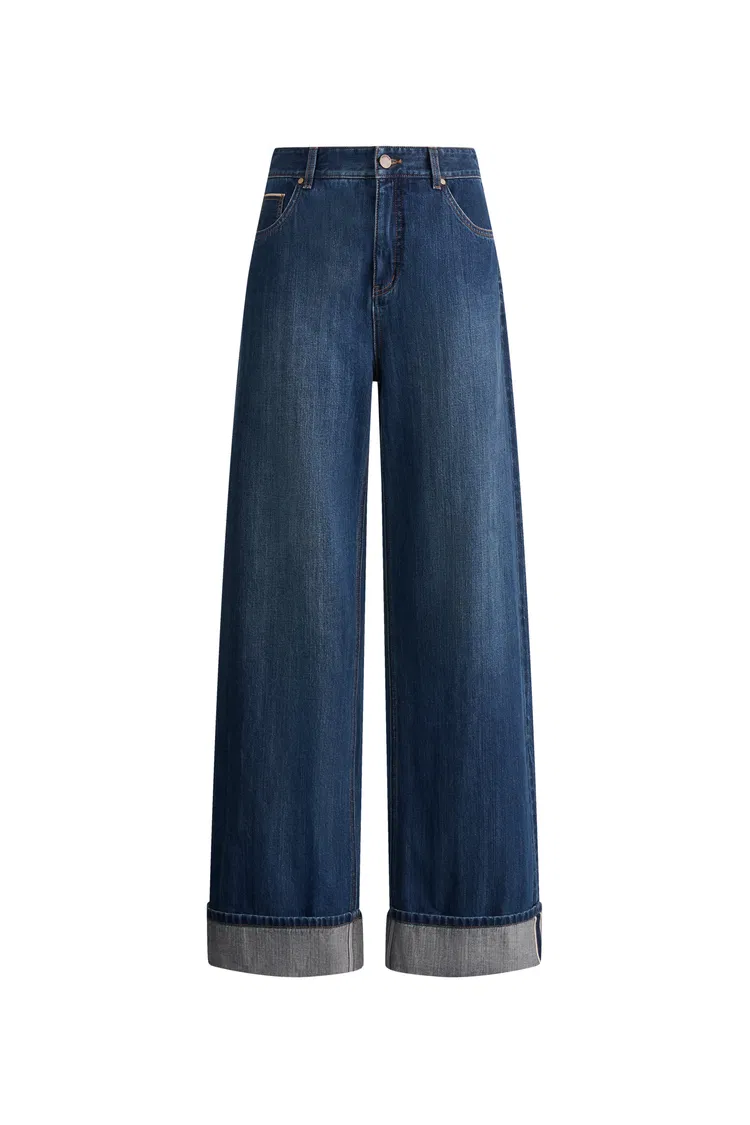 Brenda Folded Hem Wide Leg Jeans in Selvedge Denim
