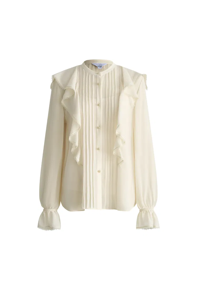 Lea White Ruffled Pleated Shirt in Silk