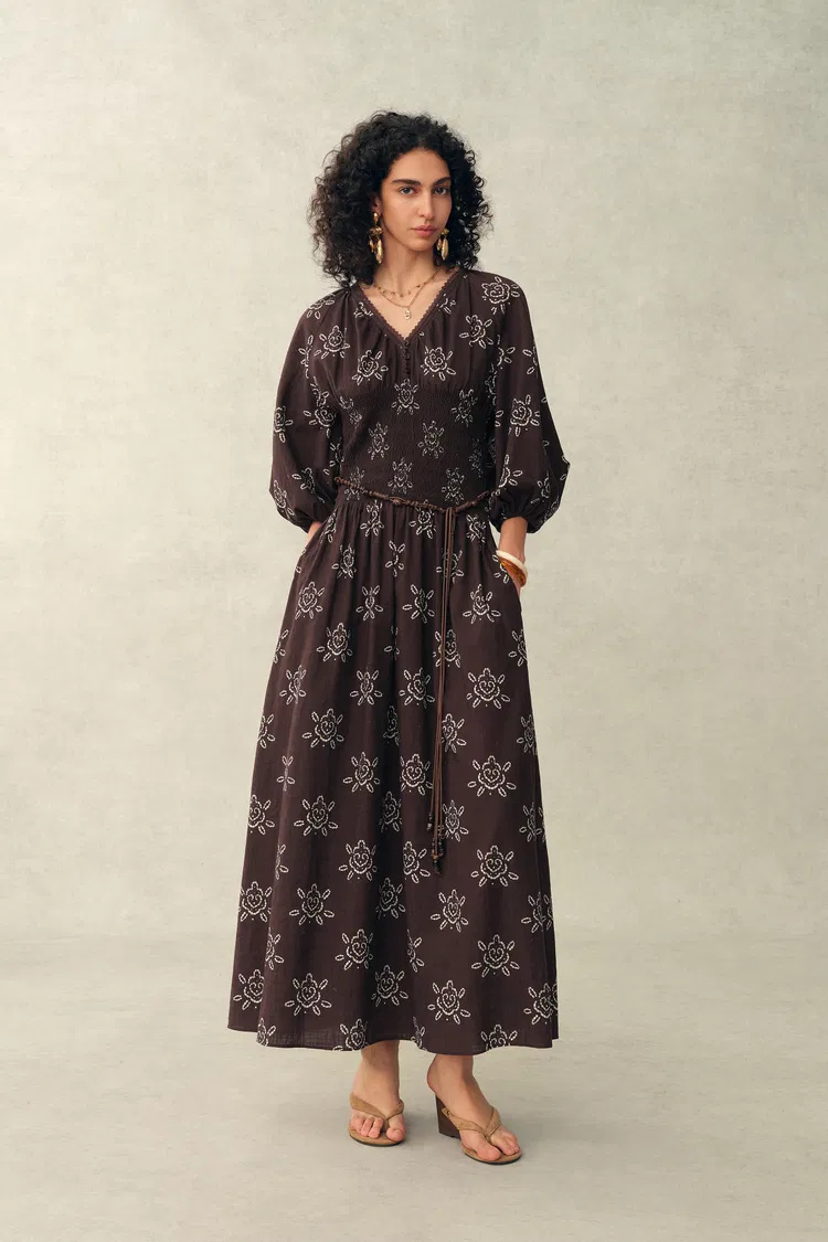 Cleo Smocked Handpainted Floral Puff Sleeve Midi Dress in Cotton