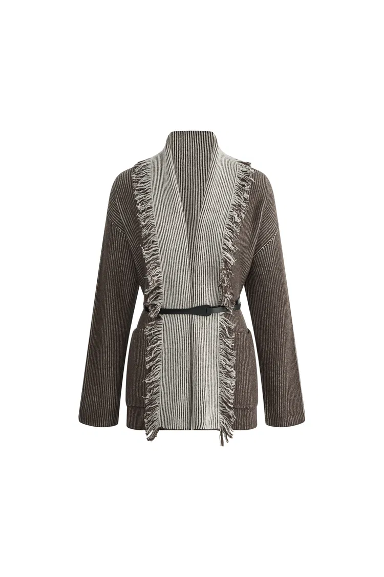 Dora Fringed Two Tone Cardigan in Wool Alpaca Blend