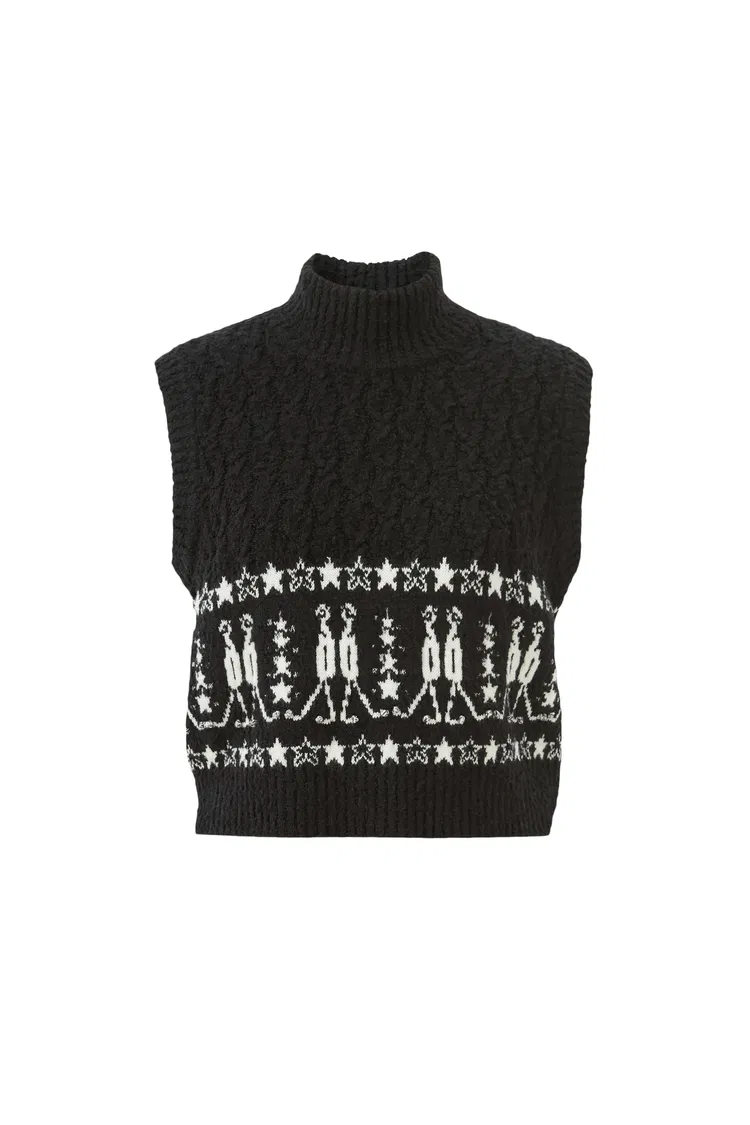 Star Walker Fair Isle Sleeveless Sweater in Wool Pom-Pom Yarn Knit