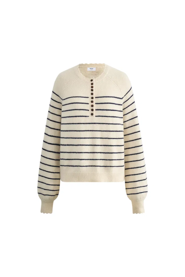 Rhea Scalloped Henley Striped Sweater in Wool-Alpaca Knit