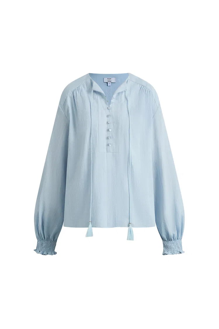 Crepus Striped Fringe-Tie French Shirt In Cotton Jacquard