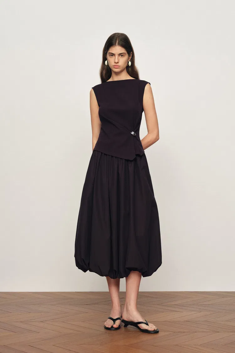 Freya Twisted Drape Sleeveless Top and Bubble Skirt Set in Cotton Blend--Brownish Red
