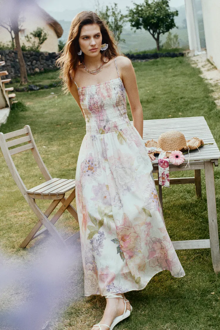 Juile Handworked Floral Prints Strap Dress in Silk Linen Blend