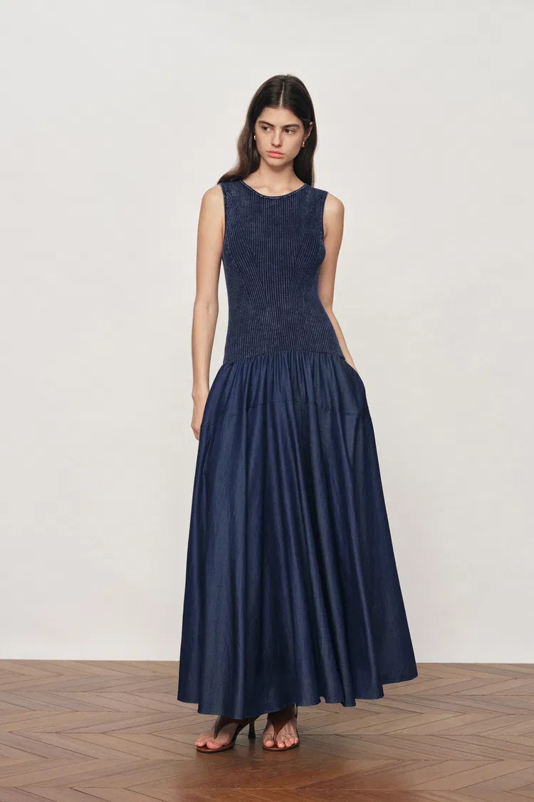Keira Sleeveless Panel Dress in Cotton Knit with Tencel Denim