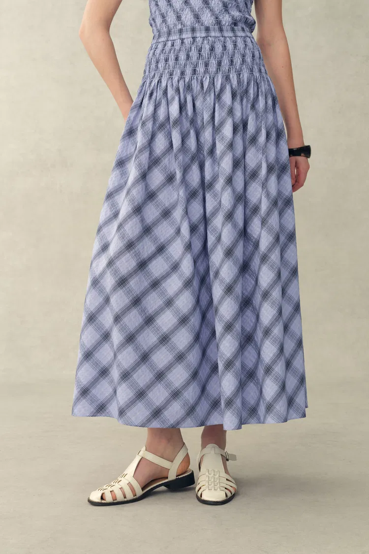 Crystal Smocked A Line Plaid Skirt in Stretch Bubble Cotton