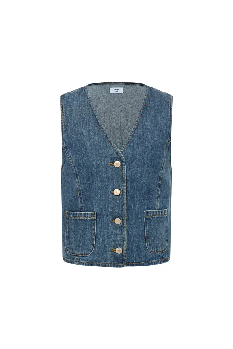 Vesper V Neck Sleeveless Vest Top in Cotton Denim