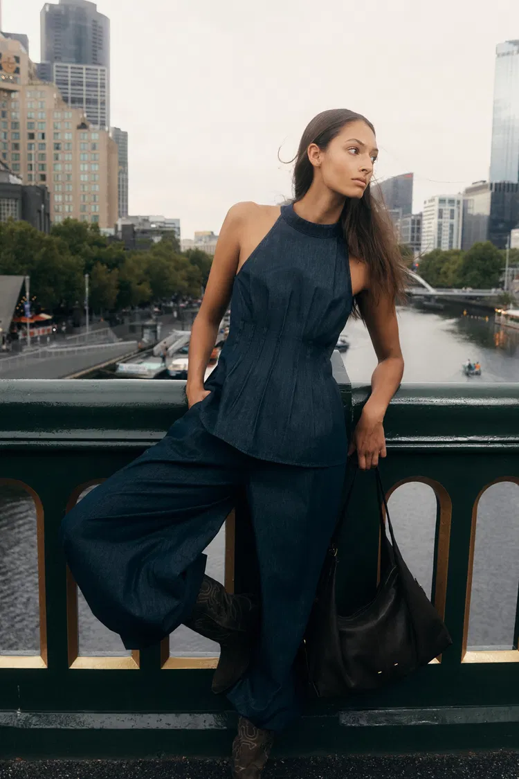 Brooke Handwork Pleats Halter Neck Top and Jeans Set in Acetate Tencel Denim
