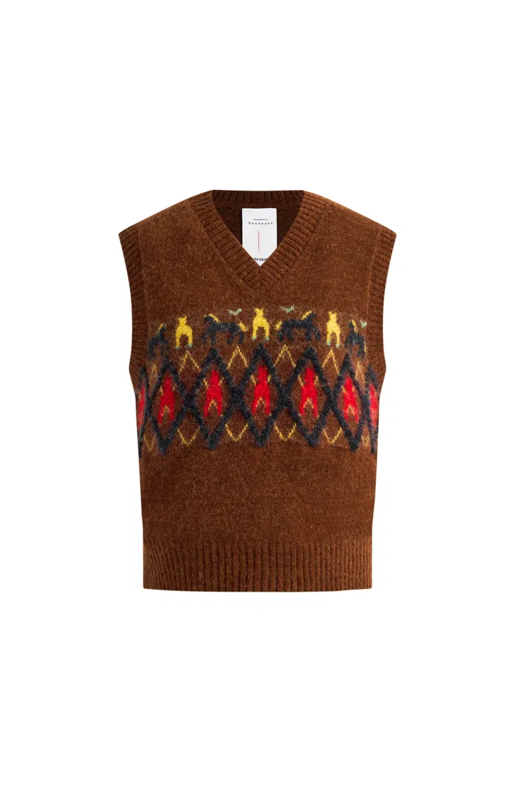 Frou Tribal Art Inspired Fair Isle Sleeveless Vest Top in Wool Alpaca Blend Knit
