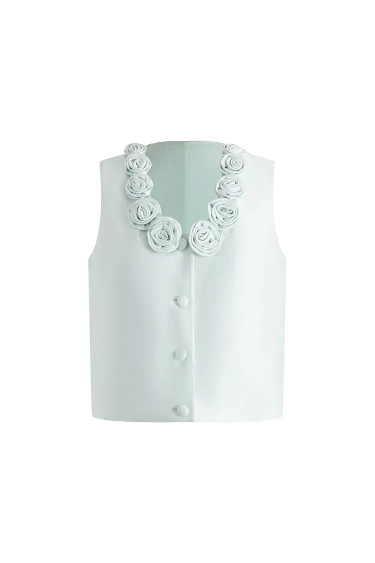Loira 3D Handmade Floral Vest Top in Silk-Wool Satin