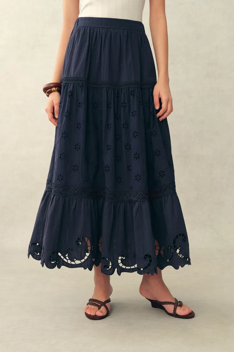 Blue Ivy Cutwork Embroidery Maxi Skirt in Cotton Jacquard with Lace