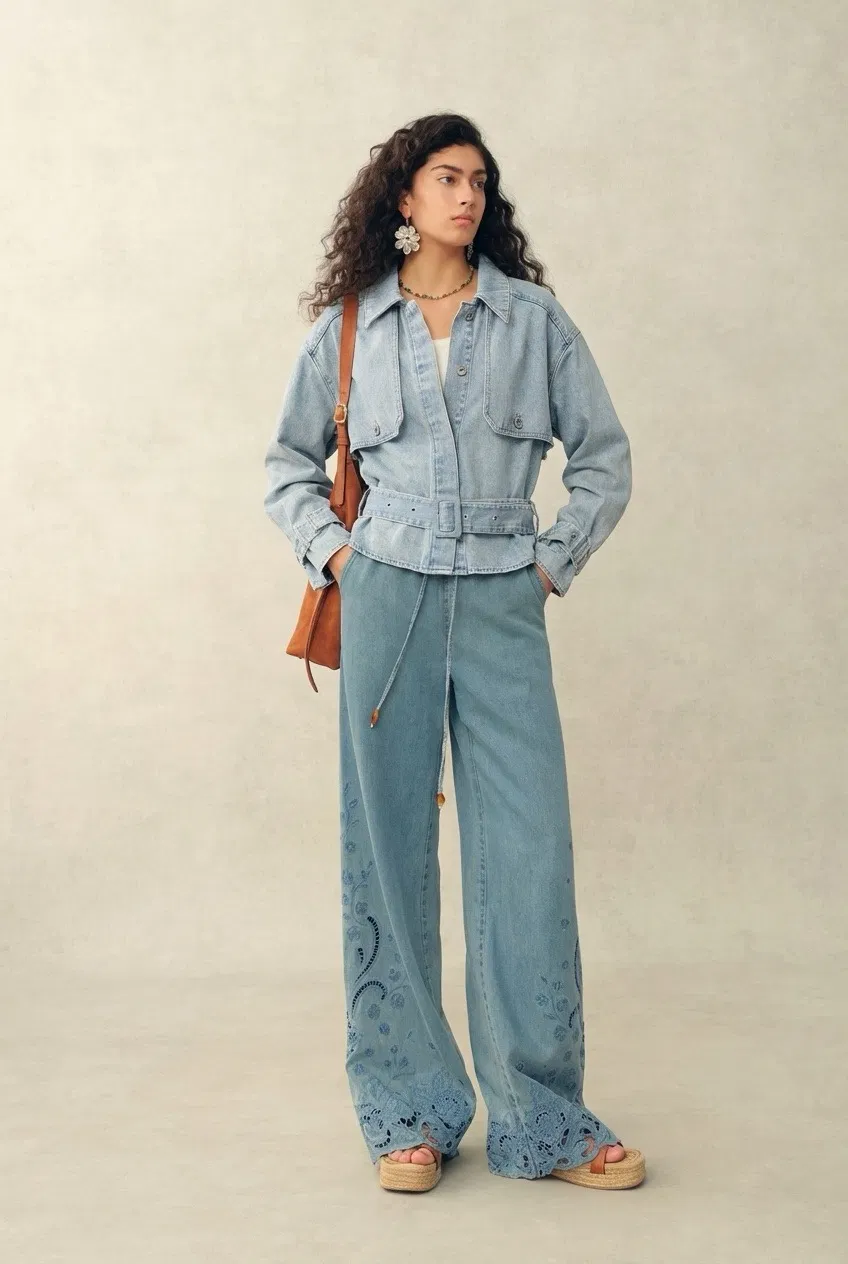 Halle Washed Short Trench Inspired Jacket in Light Blue Denim