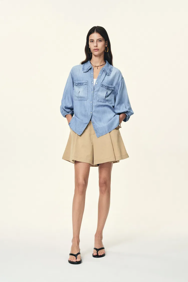 Judy Ruffle Trim Puff Sleeve Shirt in Lyocell Denim
