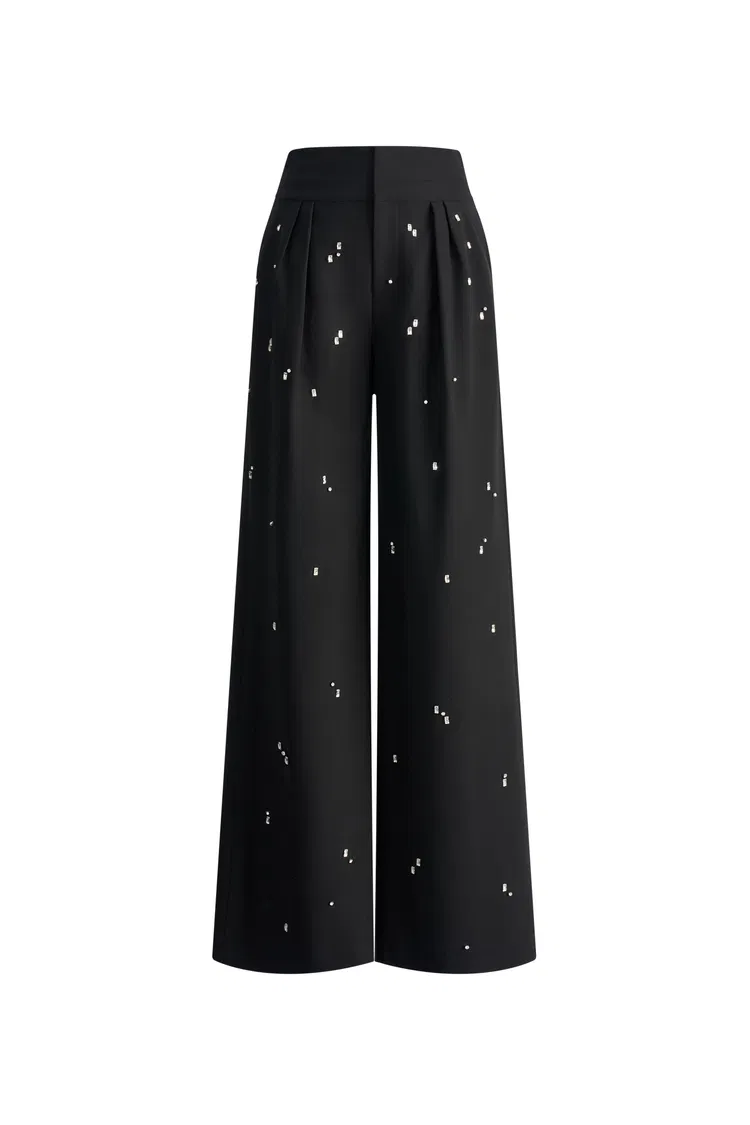 Lyra Hand Sewn Rhinestone Pleated Trousers in Fine Wool Suiting