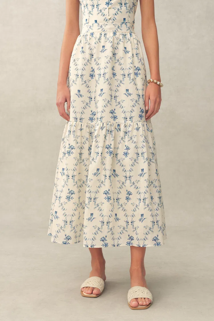Elara Tailored Vintage Floral High Waist Skirt in Linen Blend