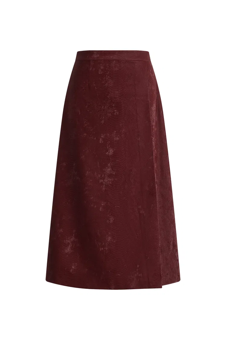 Scirocco Burgundy Midi Skirt in Faux Snake Skin Leather