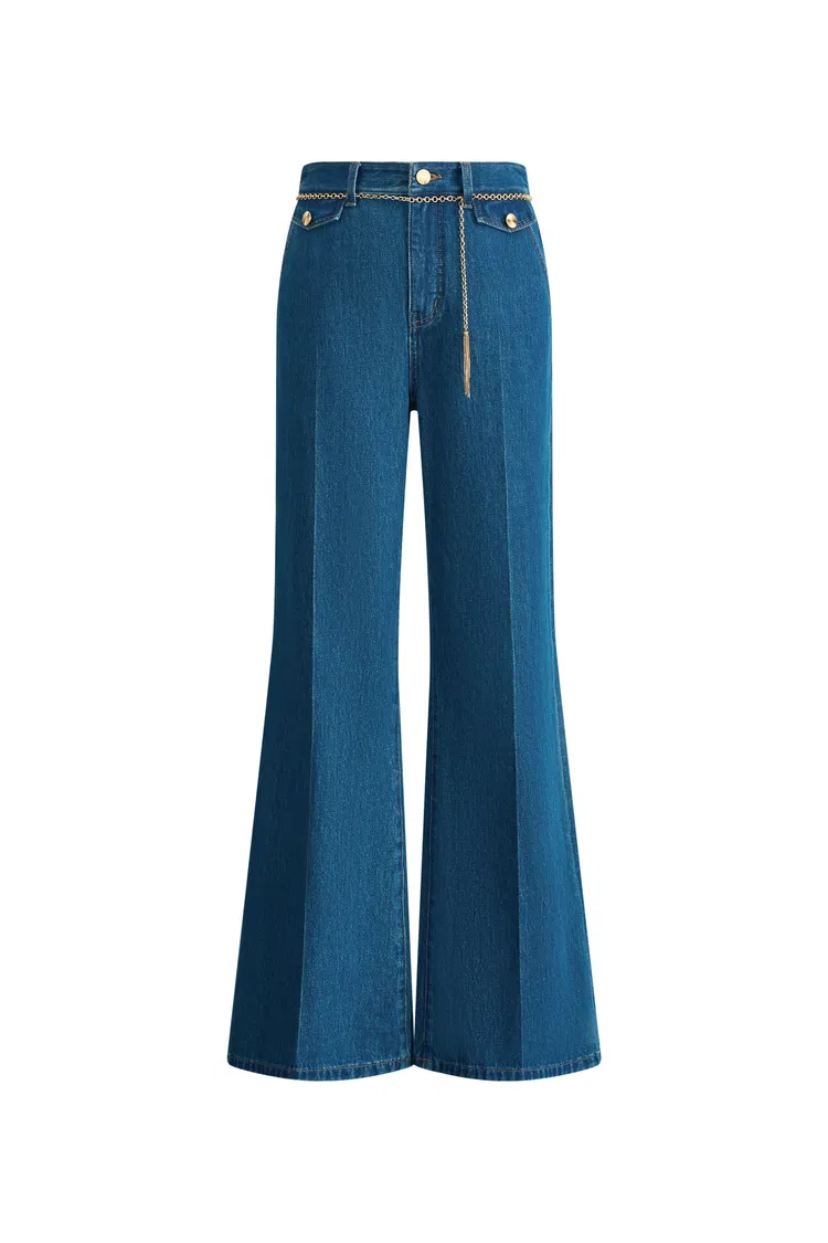 Elly Belted Teal Flared Jeans in Cotton Denim