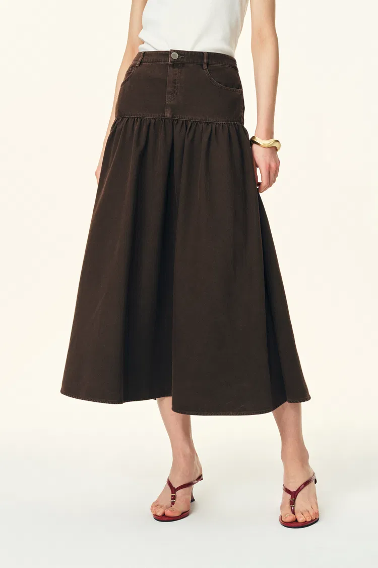 Rose Pleated Midi Skirt in Thin Denim