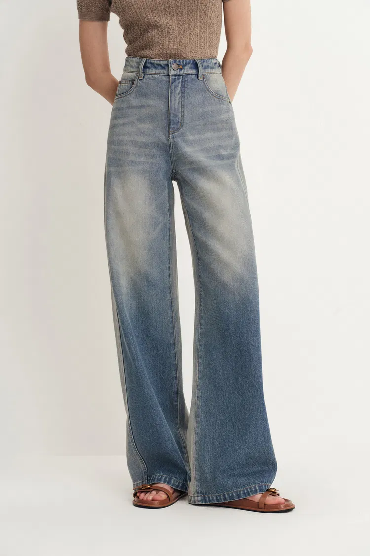 Harper Two Tone Wide Leg Jeans in Cotton Denim