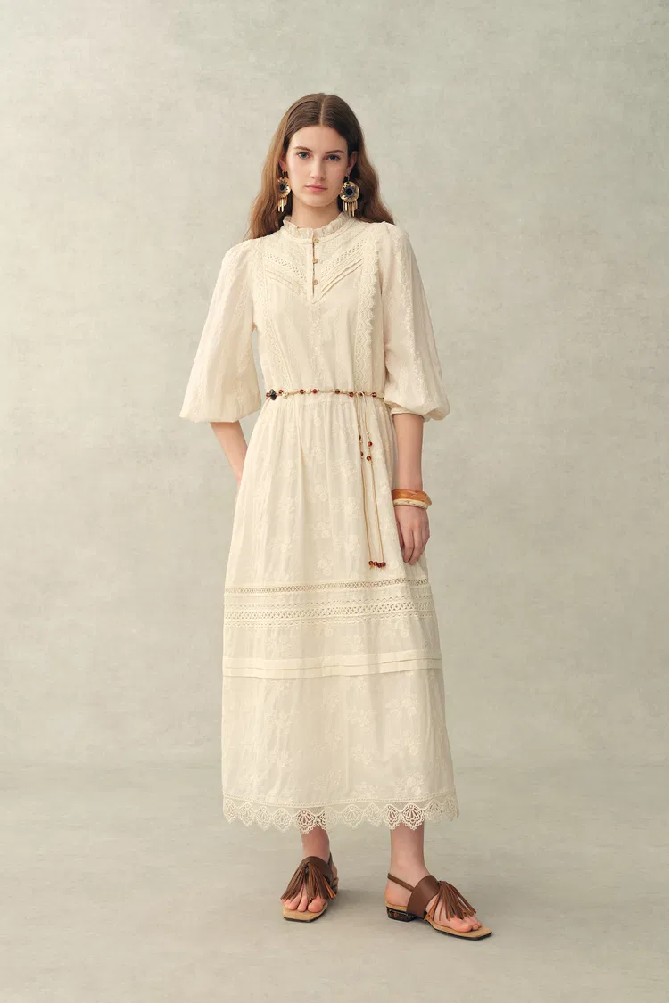 Lyra Embroidery Beaded Waist Puff Sleeve Dress in Cotton Jacquard with Lace