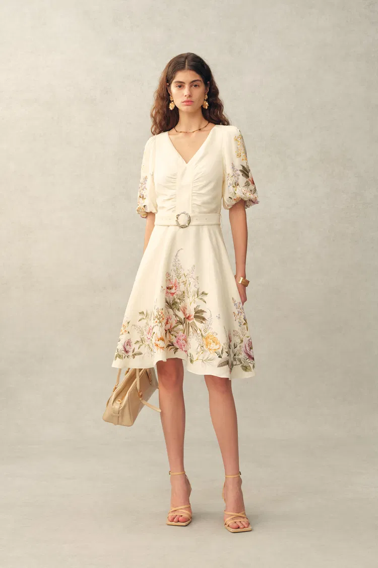 Eve Handpainted Floral Belted Puff Sleeves Dress in Silk Linen Blend