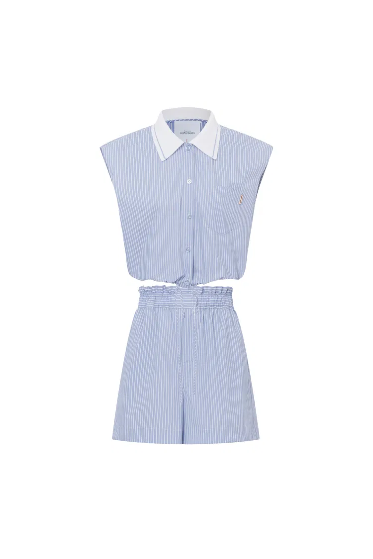 Nino Contrast Collar Sleeveless Shirt Top and Short Matching Set in Cotton Poplin