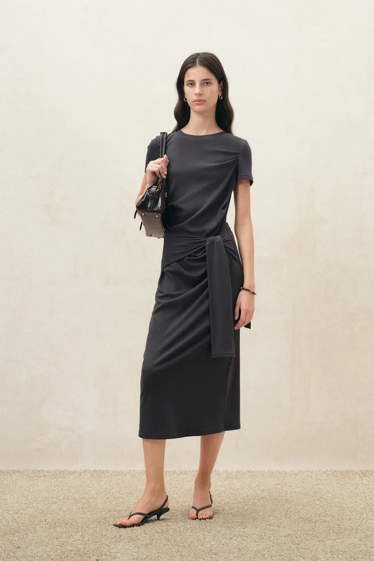 Isla Grey Ruched Tie Front T-Shirt Dress