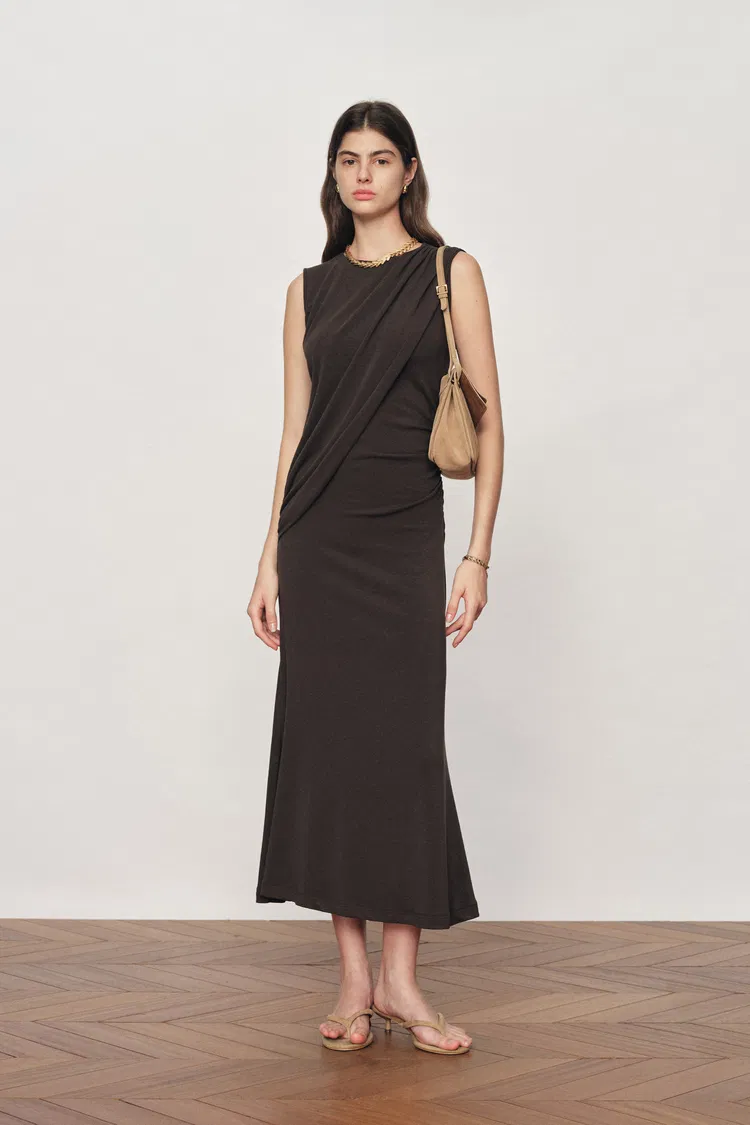 Raina Asymmetric Draped Sleeveless Fitted Dress in Cotton Modal Knit