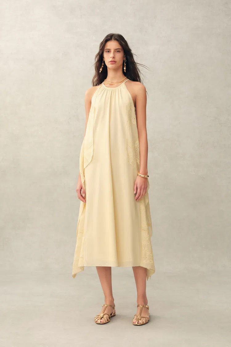 Hazel Lace Panel Halter Neck Sleeveless Boho Dress in Silk Cotton Blend