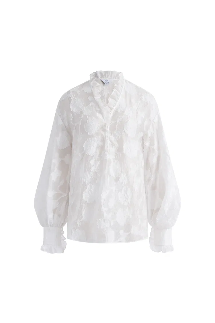 Cecilia Ruffle V Neck Blouse in Burnout chiffon