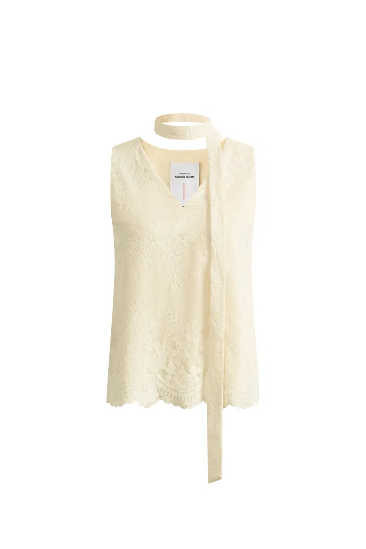 Viola Lace Ribbon Sleeveless Top in Tulle Embroidery