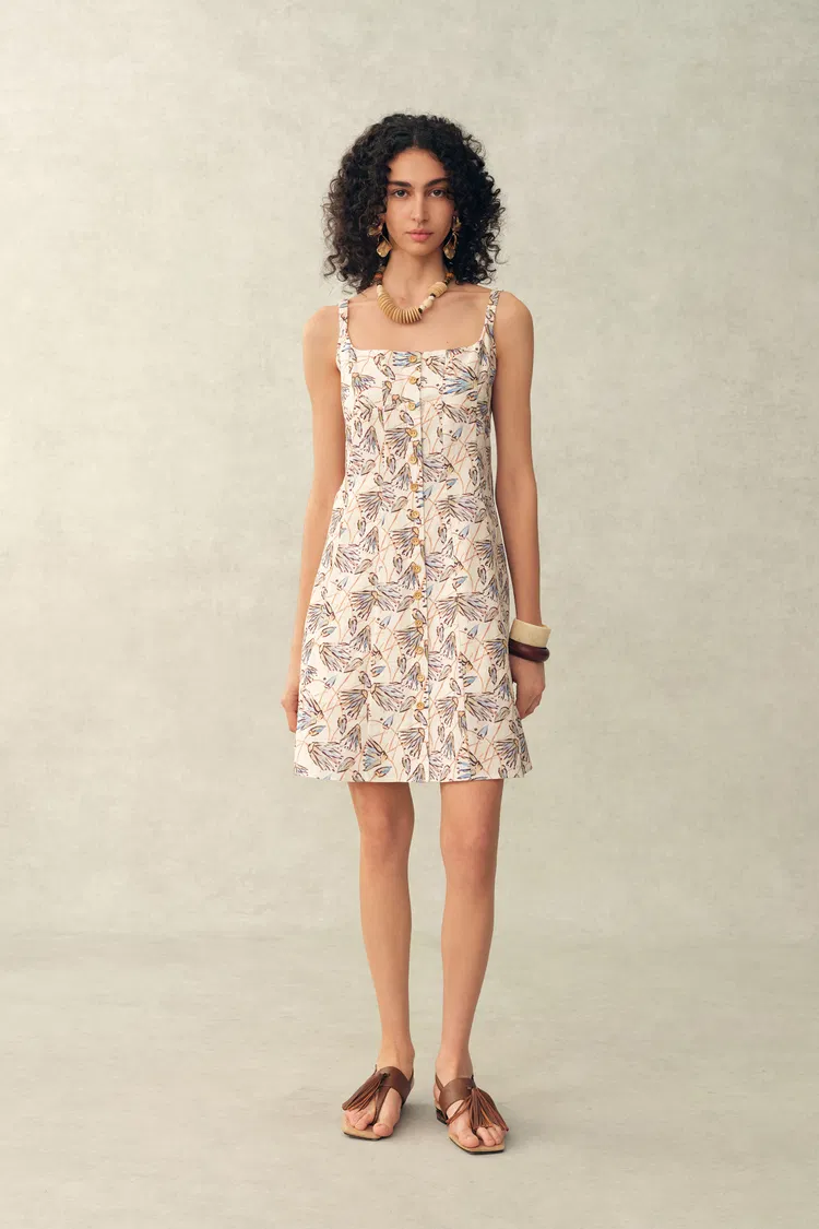 Sarah Handpainted  Waterlily Square Neck Sleeveless Short Cami Dress in Cotton