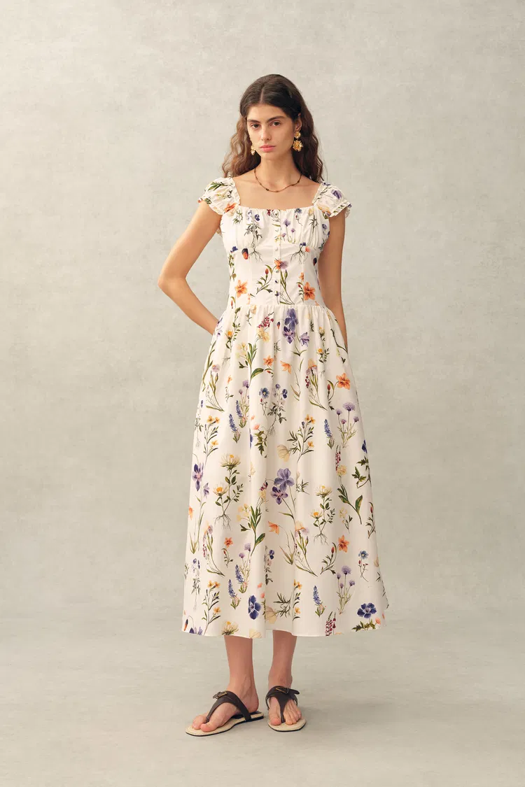 Eliana Handpainted Freesia Ruffle Trim Wide Strap Sleeveless Dress in Silk Cotton Blend