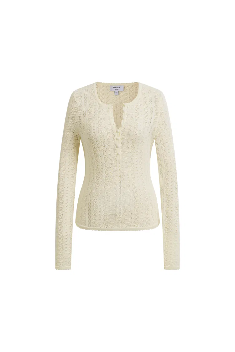 Barbara Openwork Textured Henley-Neck Top In Fine Cotton Yarn Knit