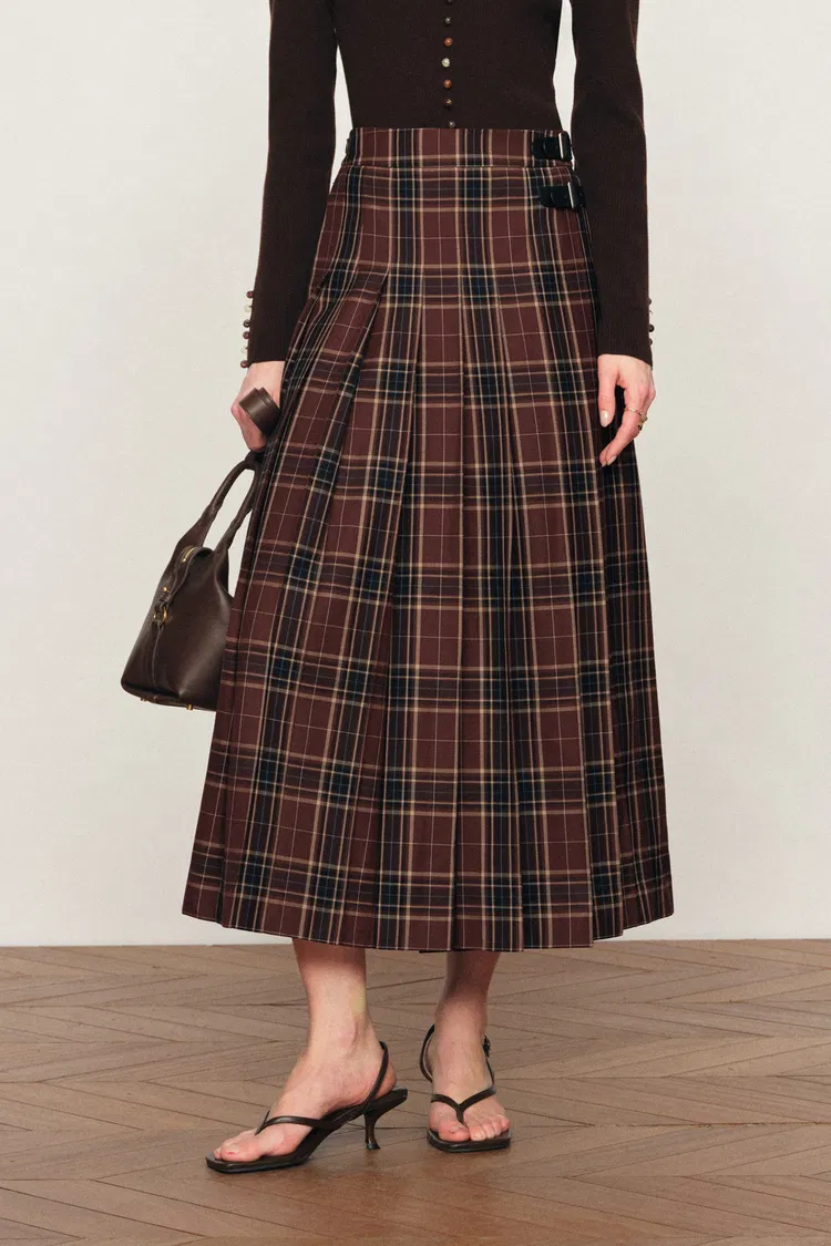 Yehudit Plaid Pleated Wool Maxi Skirt in Wool Blend