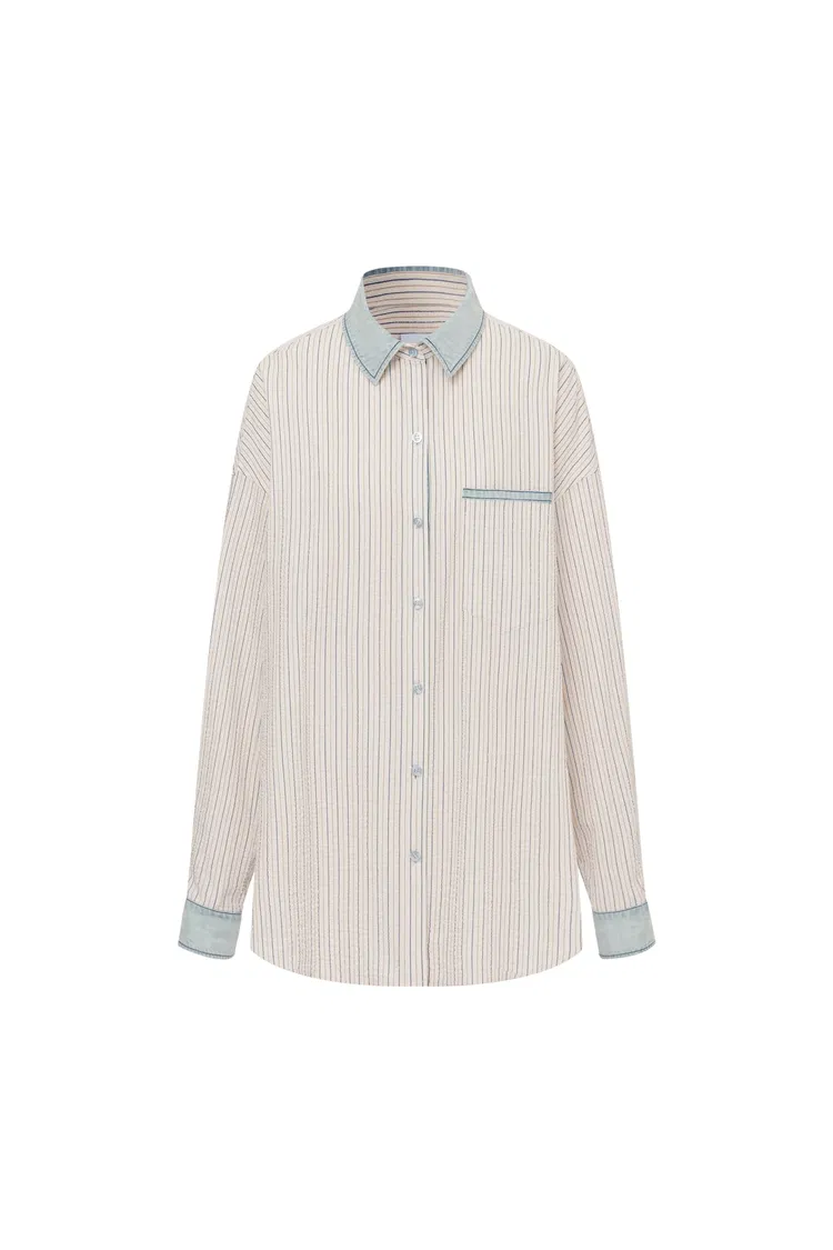 Daisy Denim Collar Striped Shirt in Cotton Seersucker